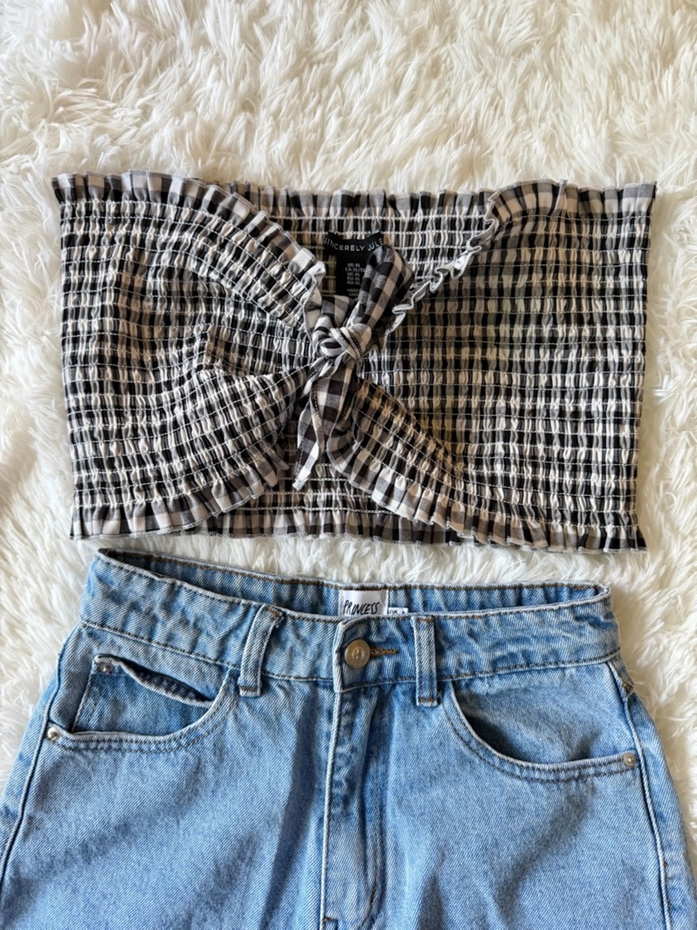 Sincerely Jules Black & White Plaid Smocked Tie-Front Tube Crop Top XL Stretch